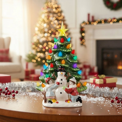 Arbre de Noël illuminé en céramique avec bonhomme de neige lumineux 10 po H