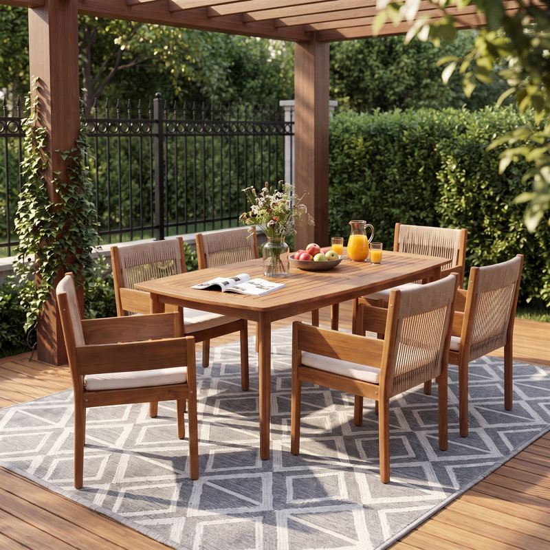 Ensemble repas en bois d'acacia moderne Mid-Century à 6 pesons Celia avec table à lattes de 71 pouces, fauteuils et coussins en corde tissée