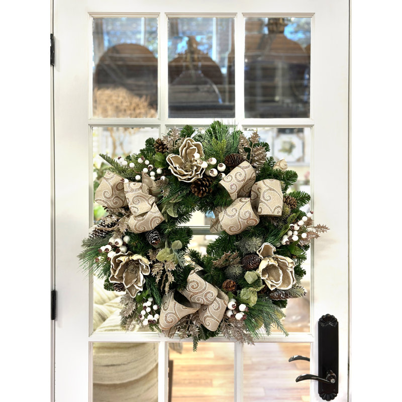 24" Holiday Magnolia Wreath With Bunches Of Pine, Berries And Bows
