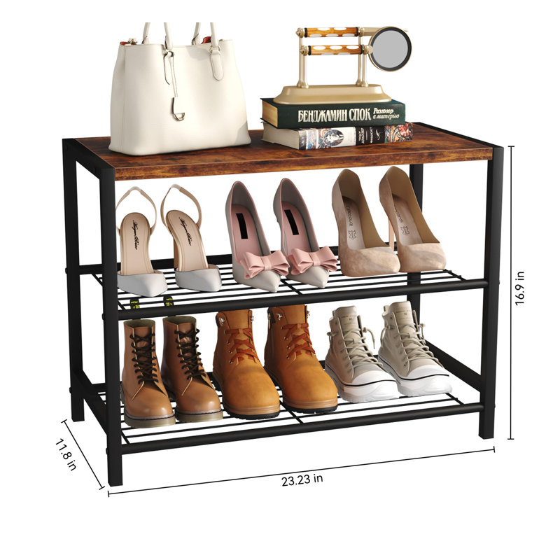 Range-chaussures, range-chaussures à 3 couches pour l'entrée de garde-robe, range-chaussures étroit et mince en métal avec toit en bois industriel