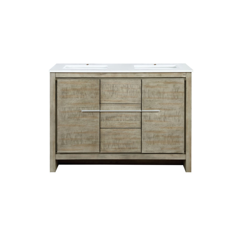 Meuble-lavabo double en acacia rustique 48 po X P 20 po D, avec plateau en quartz blanc
