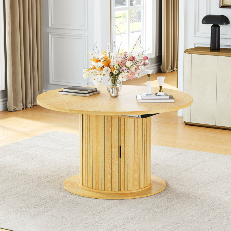 Modern 47" To 63" Expandable Round-To-Oval Dining Table With Fluted Pedestal Storage Cabinet And Reinforced Metal Frame, Oak