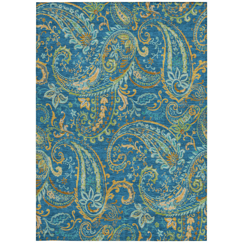 Tapis extérieur antidérapant lavable à motif cachemire bleu marine 5 pi x 8 pi