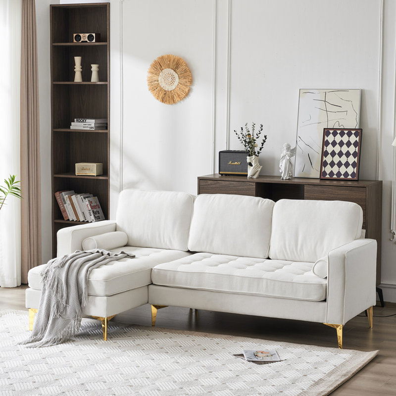 Upholstered 85.83'' Sofa & Chaise, White 100% Linen