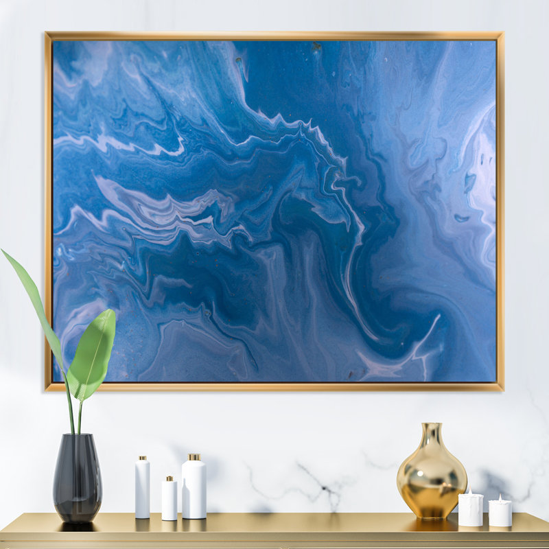 Marbré bleu abstrait avec paillettes dorées - peinture sur toile, H 25 po x l 33 po, Cadre doré