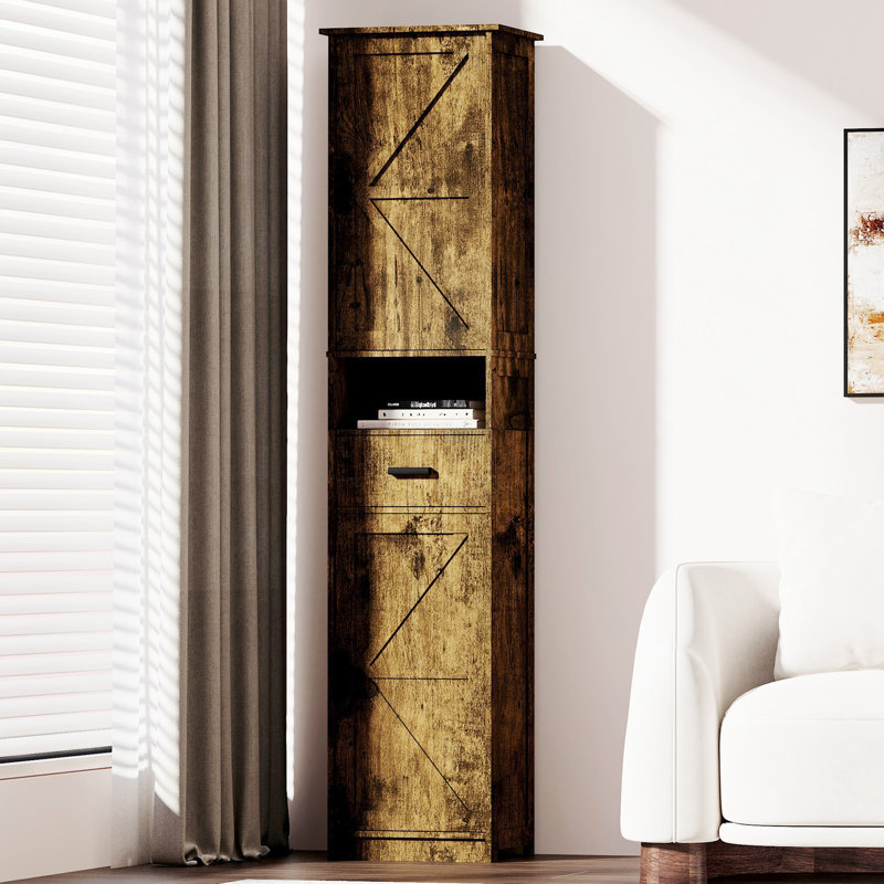 Armoire de salle de bain de 69 po de hauteur avec 2 portes de grange et 1 tiroir - couleur rétro, tablettes réglables, grand espace pour la salle de bain, le salon, le vestibule, la cuisine étroite, tablettes différentes