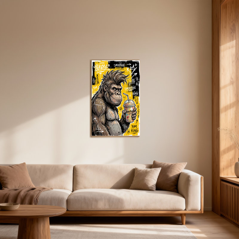 Animaux, gorille tenant un smoothie sur fond graffiti, H 30 po x l 20 po