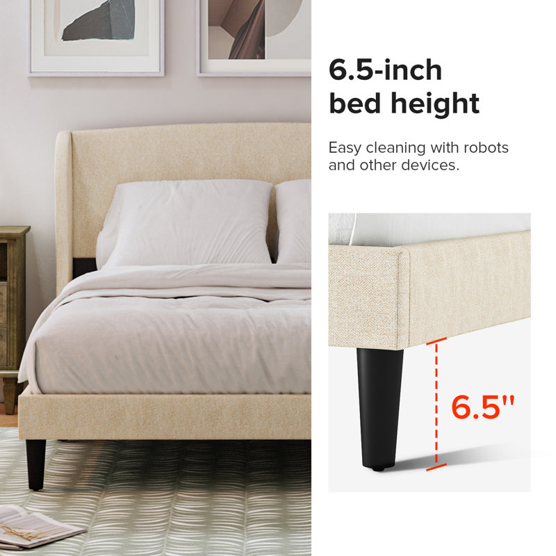 Amati Upholstered Wingback Platform Bed, Oatmeal, Full