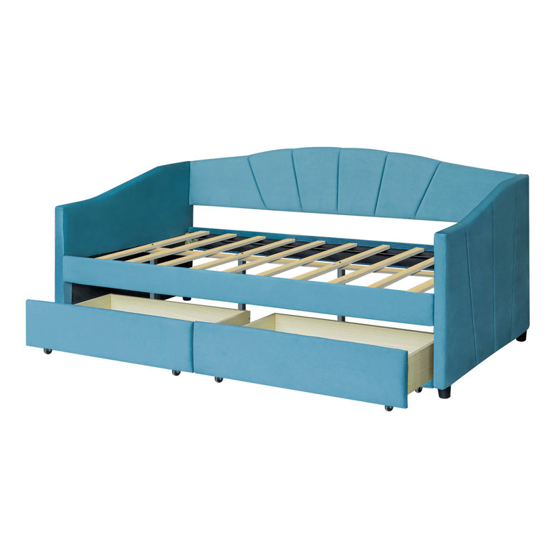 Upholstered daybed Twin Size with Two Drawers and Wood Slat, Blue