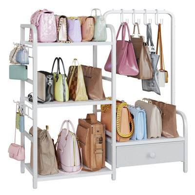 High-Capacity Bag Organizer For Closet, 3 Tier Floor-Standing Purse Storage With Hanger, Drawer And Adjustable Hooks, High-Capacity Bag Organizer, White