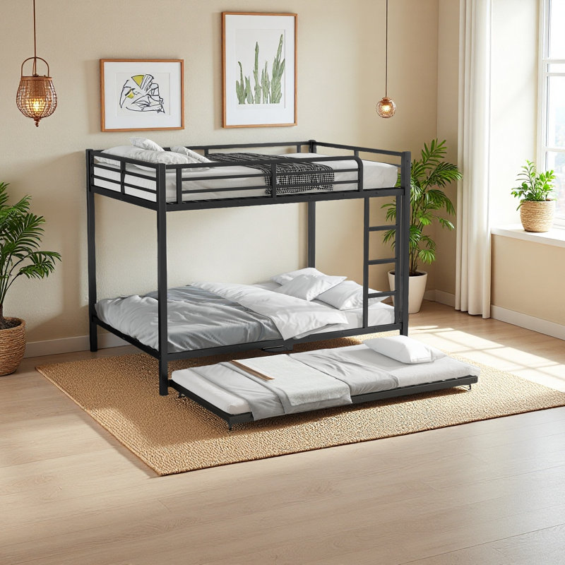 Metal Bunk Bed With Trundle, Black, Full over Full