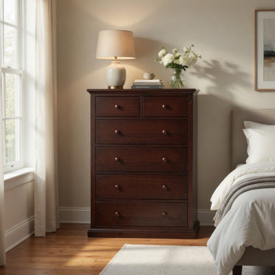 Commode haute Umer, 6 tiroirs, base plinthe, bois brun cappuccino