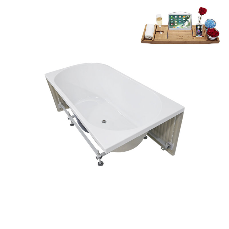 Baignoire de trempage autoportante 59 "avec drain et plateau en bambou 59" Streamline, Chrome poli