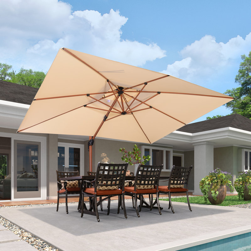 Parasol rectangulaire à double plateau en bois 156 po x 120 po avec base en tôle d'acier, beige, Beige