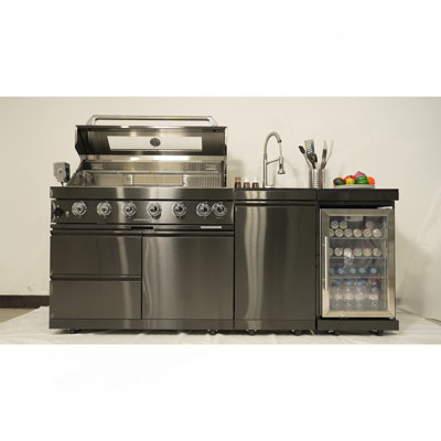 43-Inch 6-Burner 85000 BTU Deluxe Stainless Steel Gas Outdoor Kitchen Bar Barbecue Island Grill + Wine Cooler Compact Refrigerator + Rotisserie Kit + Granite Countertops + Stainless Steel Sink