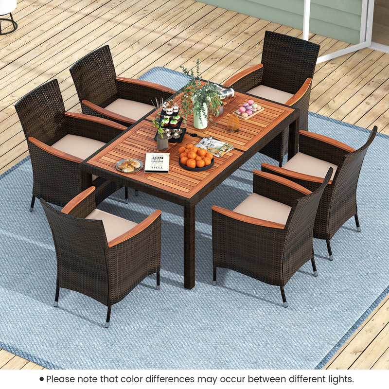 7-Piece Brown Wicker and Acacia Wood Outdoor Dining Set