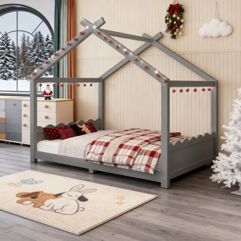 Lit de maison avec lattes de soutien, structure en bois massif pour les enfants, aucun sommier requis, idéal pour un sommeil sécuritaire et confortable