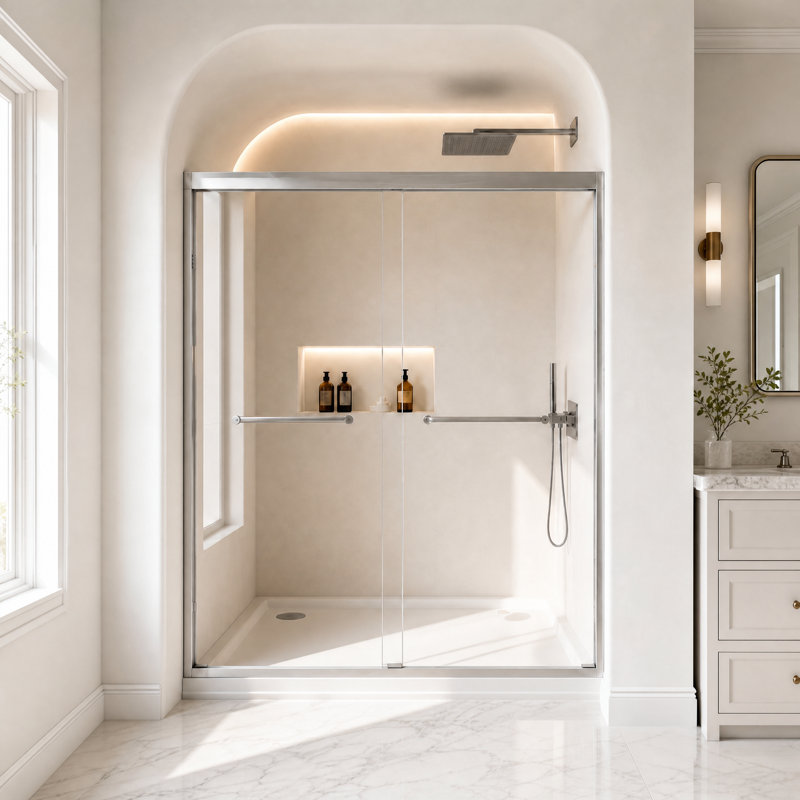 Porte de douche coulissante double encadrée l 56 à 60 po x H 72 po, verre trempé 5/16 po, nickel brossé