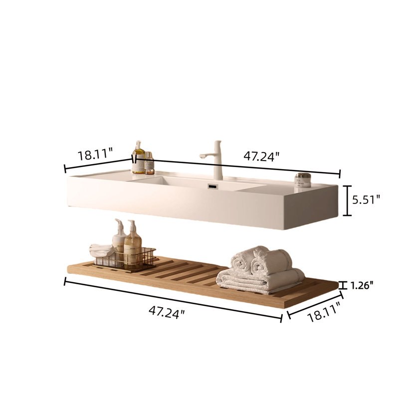 Meuble-lavabo de 48 po avec lavabo vasque, lavabo mural flottant rectangulaire en acrylique intégré sans robinet