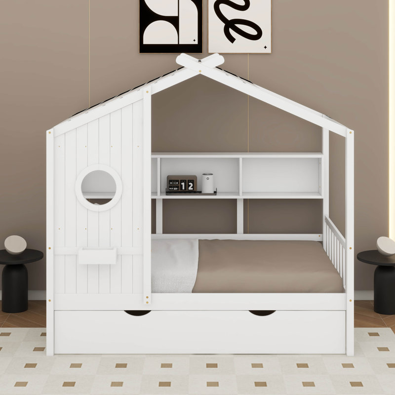 Lit simple en bois avec lit gigogne et tablette de rangement, Blanc