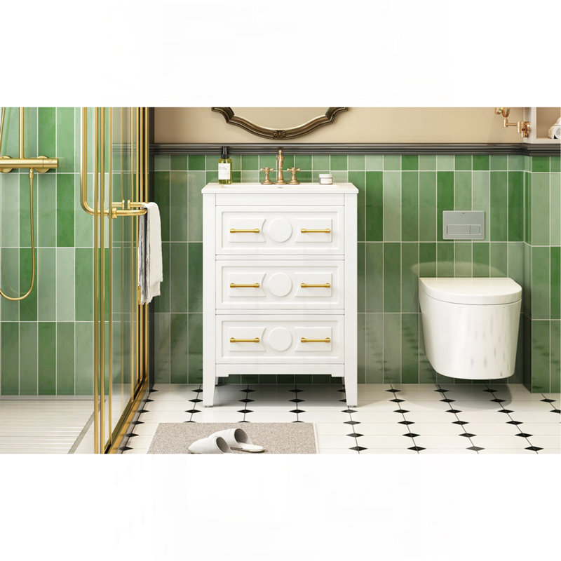Ensemble de meuble-lavabo simple 24 po avec lavabo en céramique, ensemble de meuble-lavabo autoportant avec 3 tiroirs, cadre en bois massif, blanc