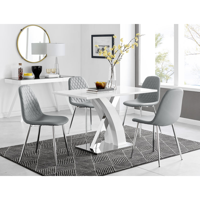Marietta Chrome Metal and White High Gloss Dining Table Set - 4 Luxury Faux Leather Dining Chairs, Elephant Grey