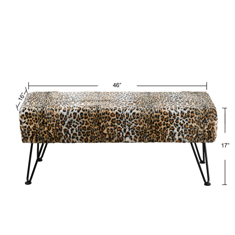 Faux Fur Upholstered Bench, 43.2cm H x 116.8cm W x 40.6cm D, Leopard, Black