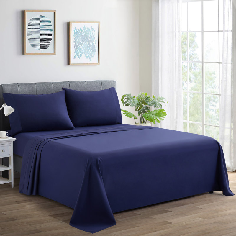 Ensemble de draps en coton 3 pièces avec housse de coussin Marina, Bleu marine