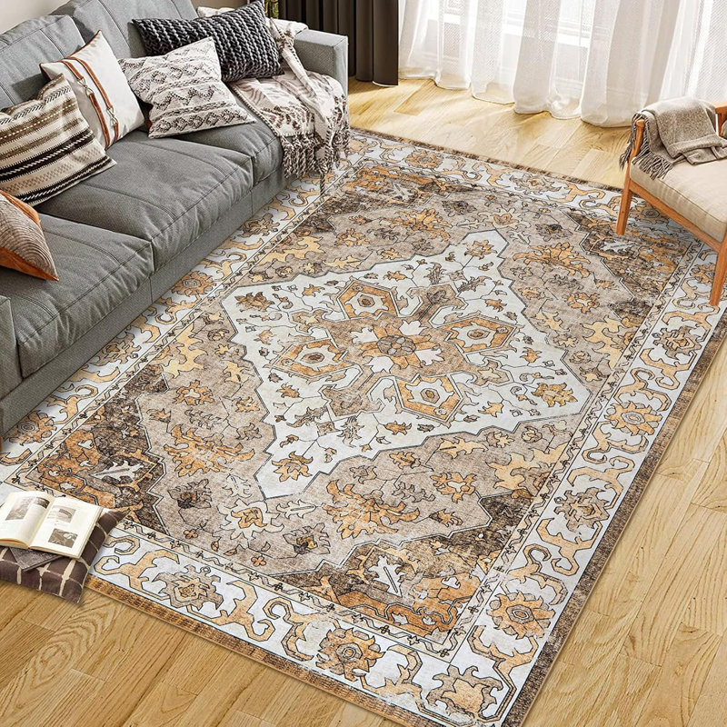 Entryway Runner Rug, Washable Vintage Low Pile Stain-Resistant, Non-Slip Soft Thin Carpet for Kitchen, Bedroom, Bathroom (Grey, 2x6ft)