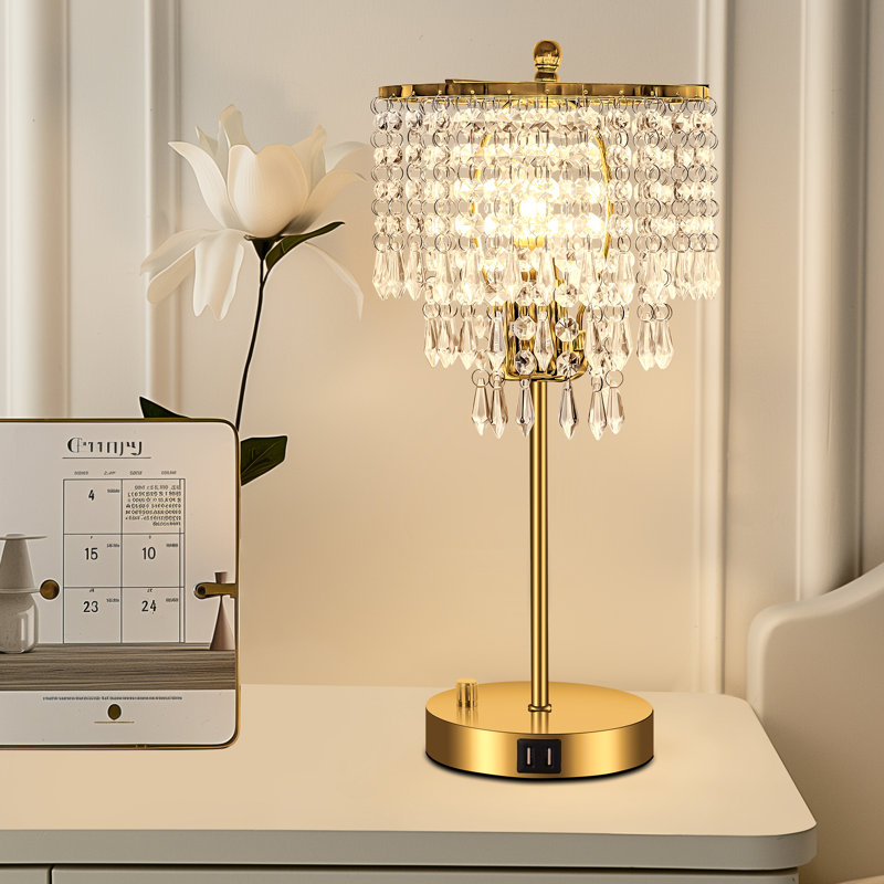 Lampe de bureau à 3 intensités en cristal à intensité variable avec deux ports USB, Transparent, Or