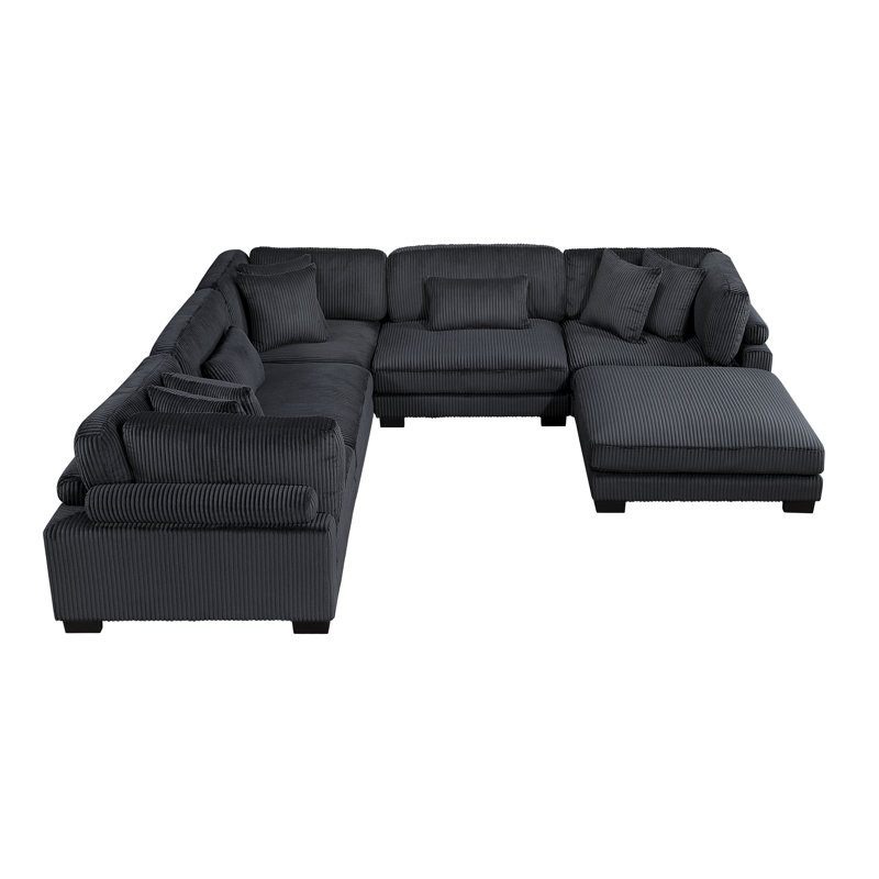 Brinsley 6-Piece 135" L-Shaped Modern Corduroy Modular Sectional with Pocket Coils, Black Corduroy