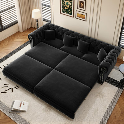 Canapé-lit Chesterfield de 89 po en velours avec très grand lit, canapé-lit convertible avec 4 coussins, noir