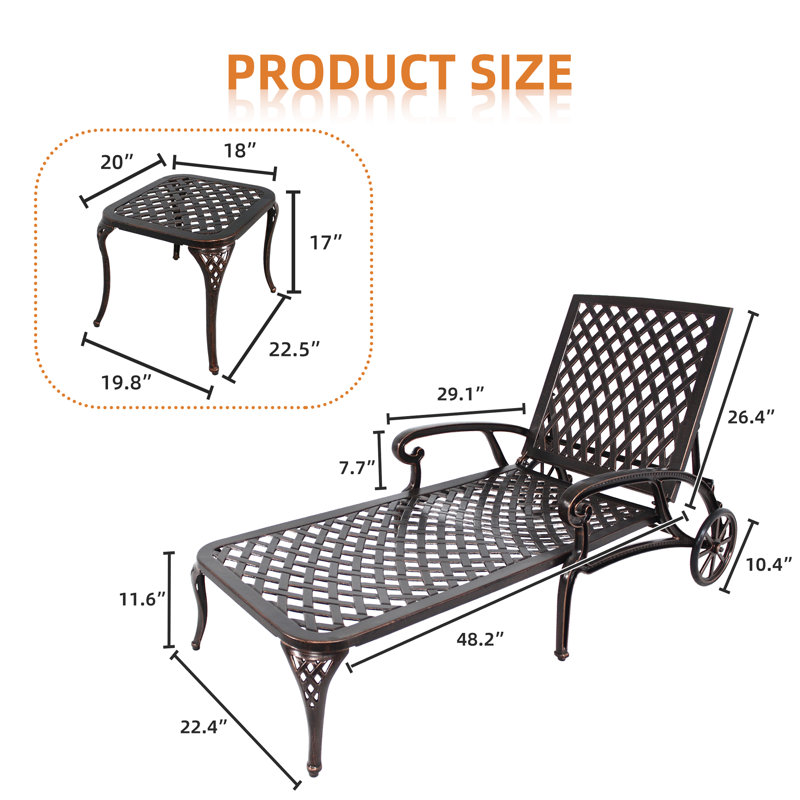 Outdoor Bronze Cast Aluminum Two Chaise Lounges and Table with Adjustable Backrest and Wheels