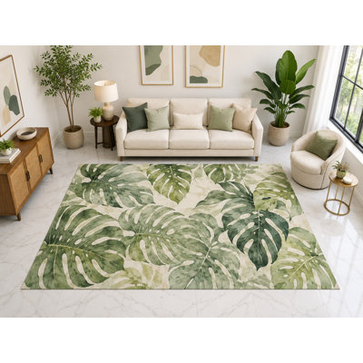 Tapis d'intérieur « ultra-fin » grand format (201 cm x 300 cm) à motif feuilles de Monstera, doux et à poils courts, avec envers antidérapant en silicone, idéal pour le salon.