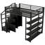 Lit mezzanine double en métal avec tablettes de rangement, armoires et garde-robe, noir