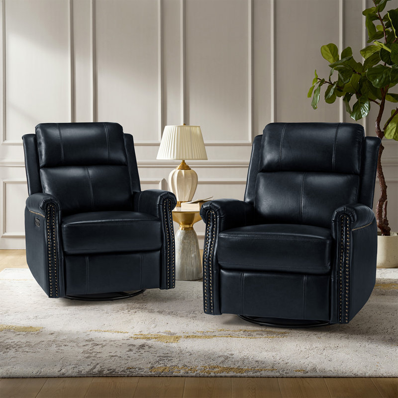 Inglenook 32" Wide Genuine Leather Power Swivel Standard Recliner Set Of 2, Navy