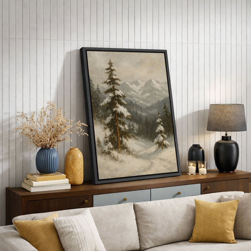 «Snowy Pine Forest Mountain Landscape Decor», reproduction d'art sur toile encadrée., Structure noire, H 24 po x l 16 po