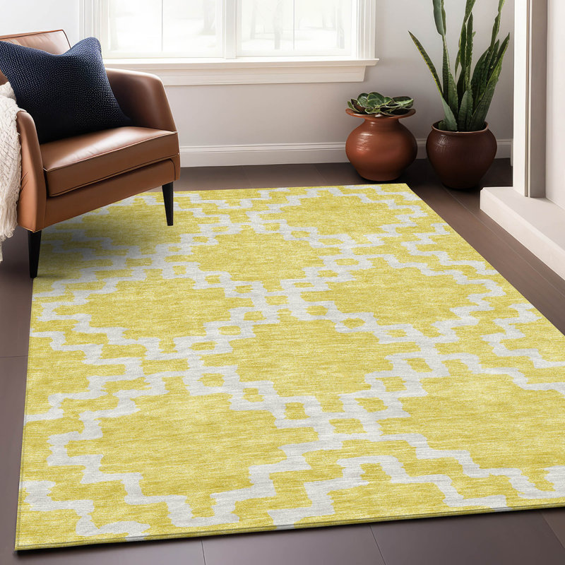 Premium Machine Washable Prisco Yellow Rug, null