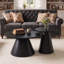 Ensemble de 2 tables basses rondes gigognes, tables d'appoint modernes entièrement noires avec plateau en grain de bois et piédestal en acier au carbone noir mat, patins réglables pour les petits espaces de bureau de salon