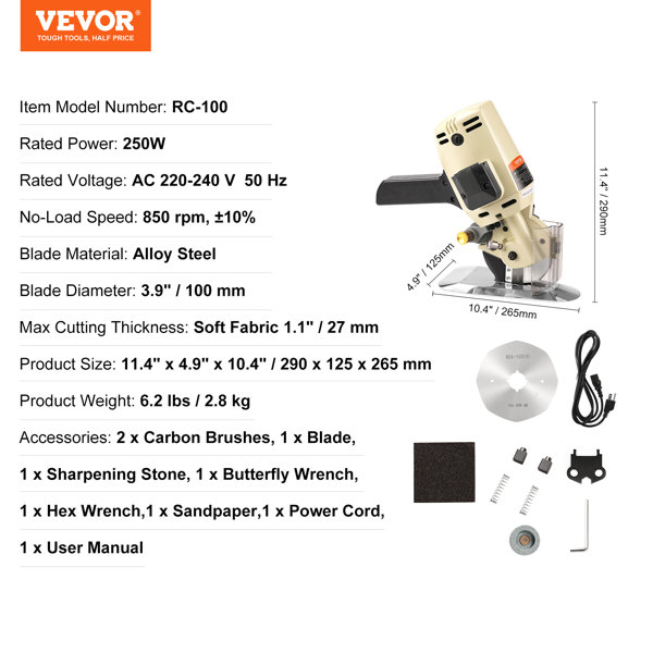 VEVOR Electric Cloth Cutter Cutting Machine 125mm Rotary Fabric Cutter  Variable Speed