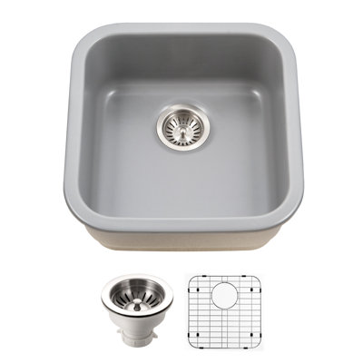 Houzer Platus 19 in Fireclay Undermount Square Bar Sink with Strainer and Grid