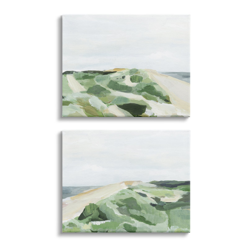 «Ocean Coastline Greenery Beach Green Beige Blue» par Annie Warren - ensemble de 2 peintures, Toile tendue, H 16 po x l 20 po