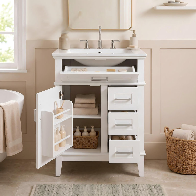 Meuble-lavabo 24 po avec lavabo en céramique, tiroir rabattable et 3 tiroirs, White
