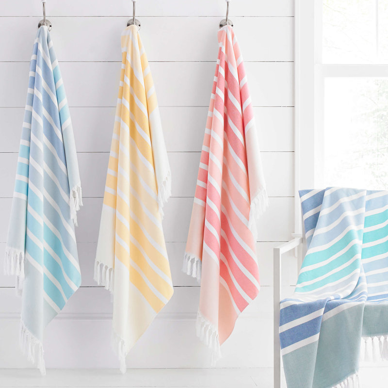 Serviette de plage rayée 100% coton, Corail
