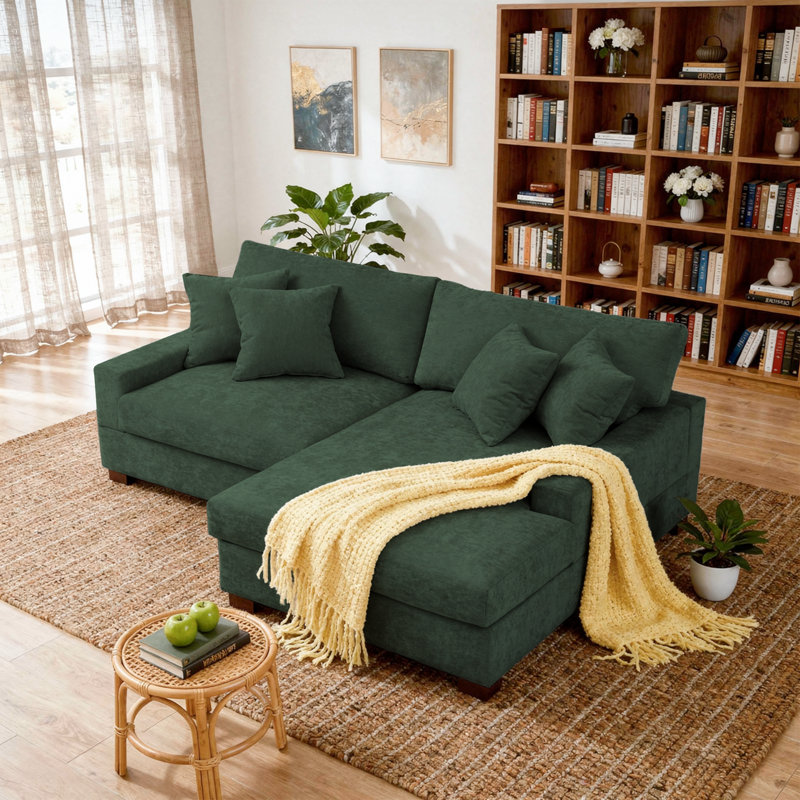 2 - Piece Upholstered Green Chenille Modular Sectional Sofa with Armrests & Throw Pillows, Green Chenille, Right Hand Facing