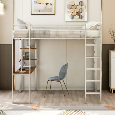 Lit mezzanine double en métal argenté avec bureau et 2 tablettes - lit design tentant et magnifique