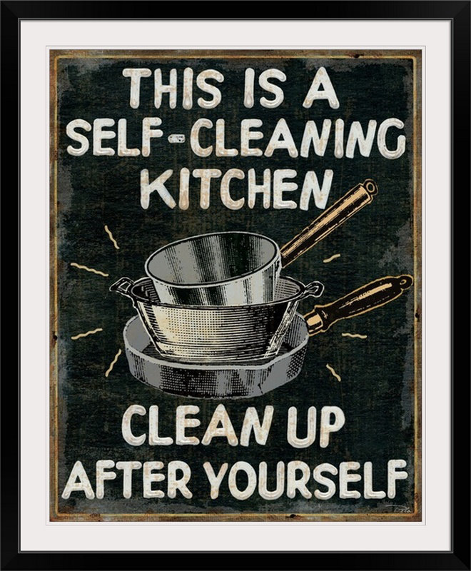 « self cleaning cuisine », art textuel, H 23 po x l 20 po x P 1 po, Cadre noir