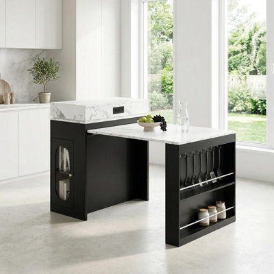 Extendable Storage Dining Table with Drawer and Power Outlet, Kitchen Island Cart with Wheels and Hooks