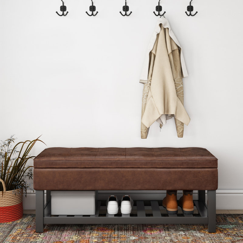 Cosmopolitan 44"W Vegan Leather Transitional Storage Ottoman Bench with Tufted Lift-Top, Distressed Saddle Brown