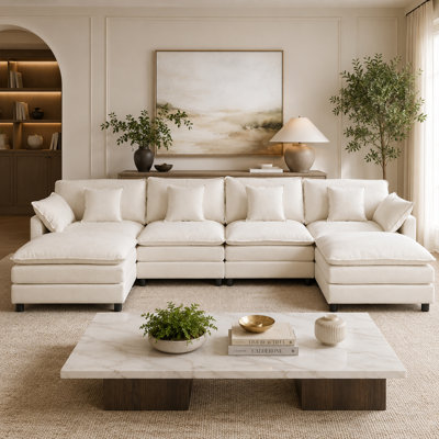 140” Boneless Cloud Sofa for Living Room, 4-Seater Modular Sectional Couch with 2 Movable Ottoman, White